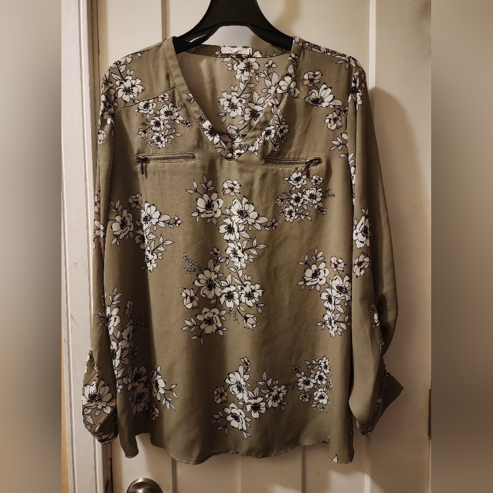 Maurices Floral V-Neck Blouse - Olive and White